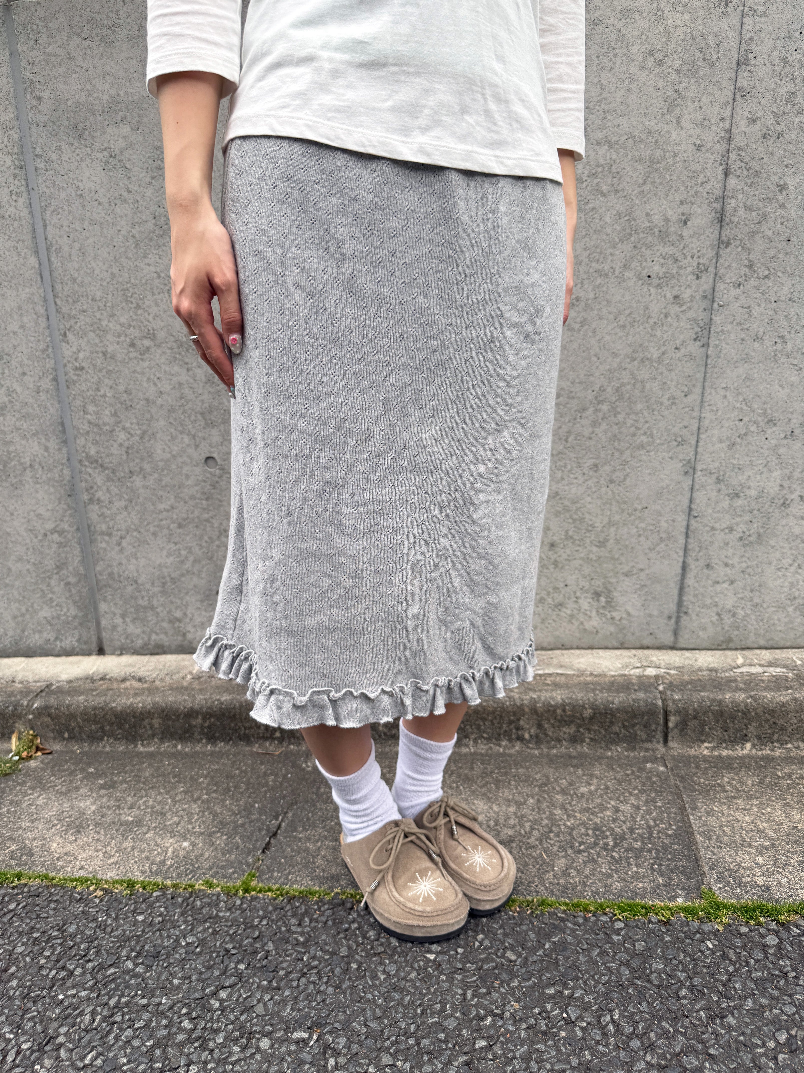 Pointelle Ruffle Hem Midi Skirt